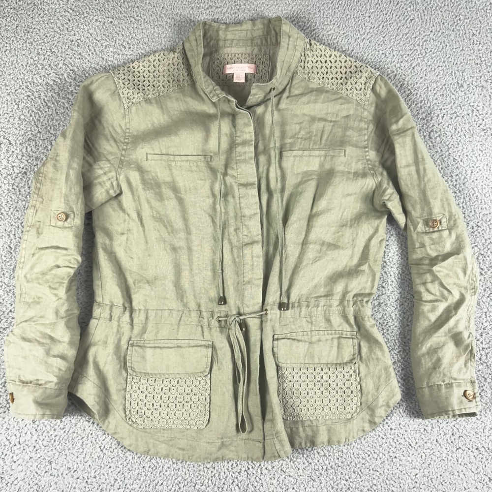 Saint Tropez West Shirt Womens M Linen Button Up Roll‎ Tab Sleeve Crochet Chore